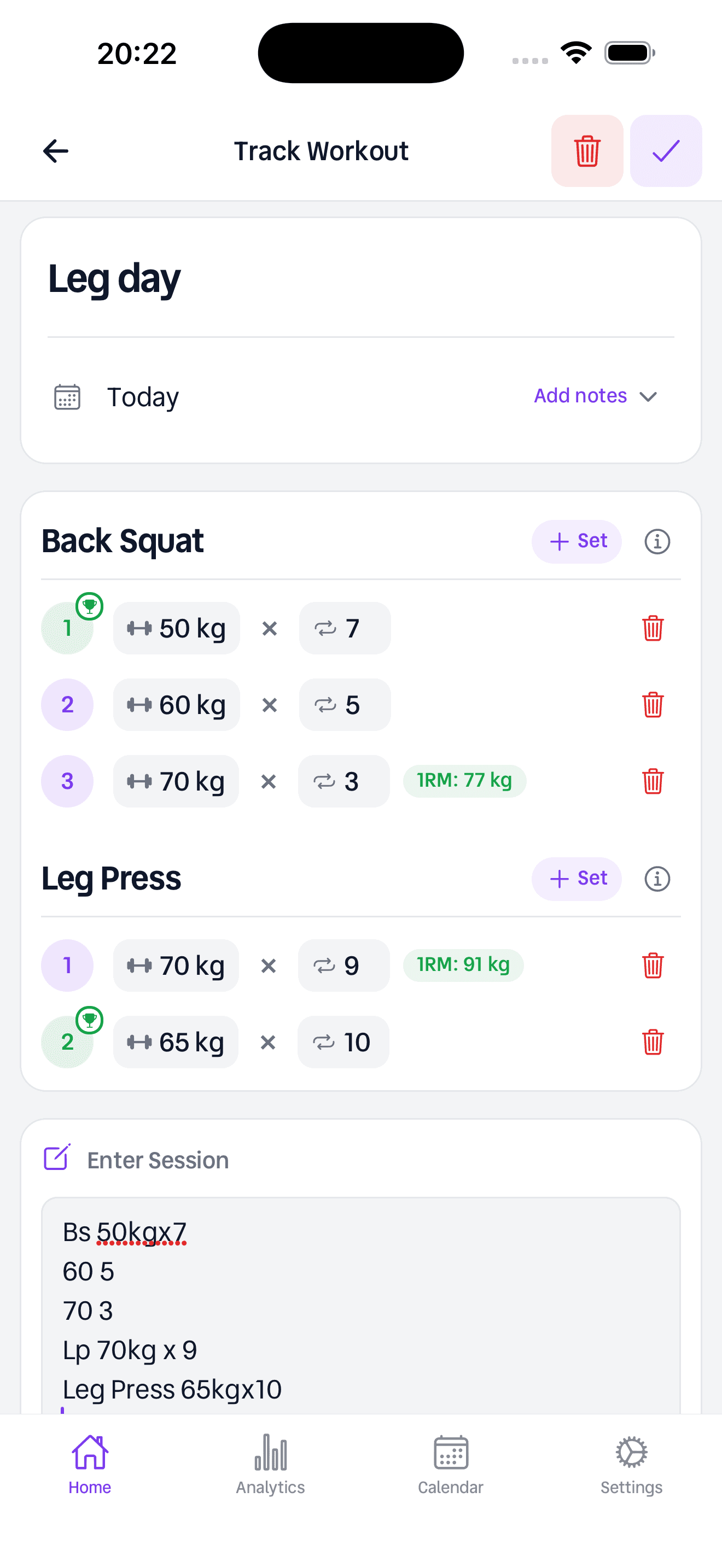 Setri light mode workout logging screen