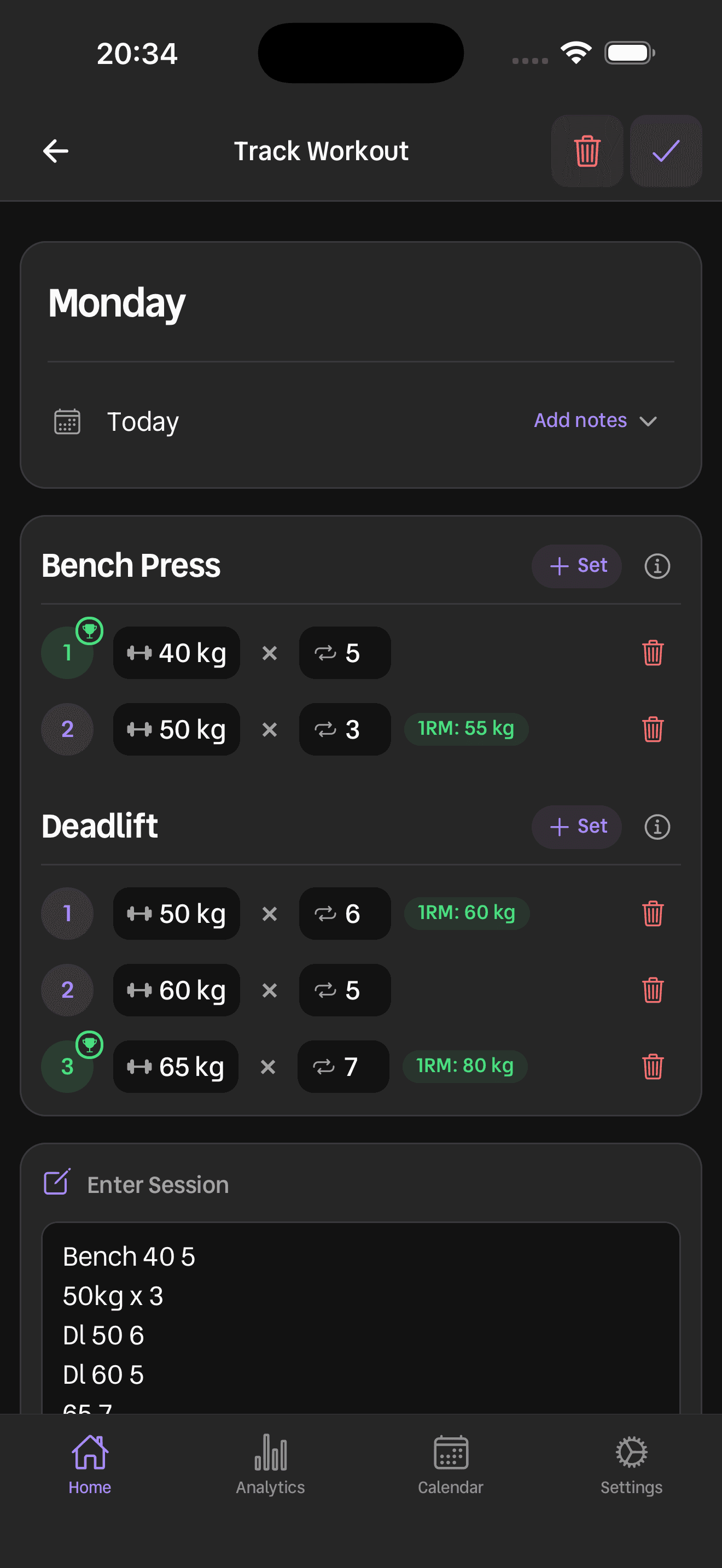 Setri dark mode workout tracking screen